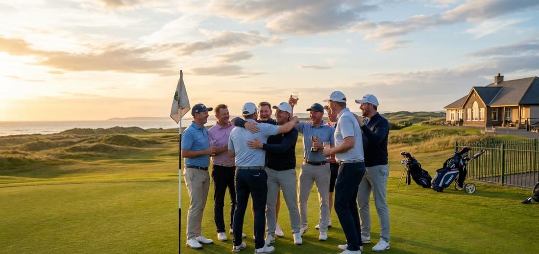 A group of eight golfers standing beside loaded carts on a clubhouse cart staging area early in the morning, bags tagged and coffee cups in hand, before the first round of a multi-day buddies trip.