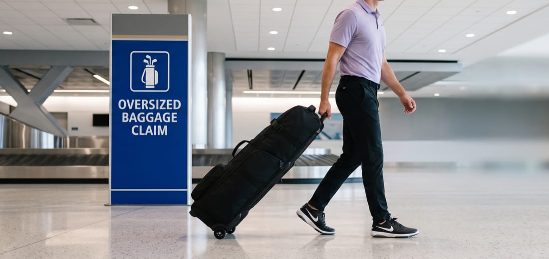 A hard-shell golf travel case standing upright beside a rolling suitcase at an airport check-in counter, with a baggage tag looped through the handle.