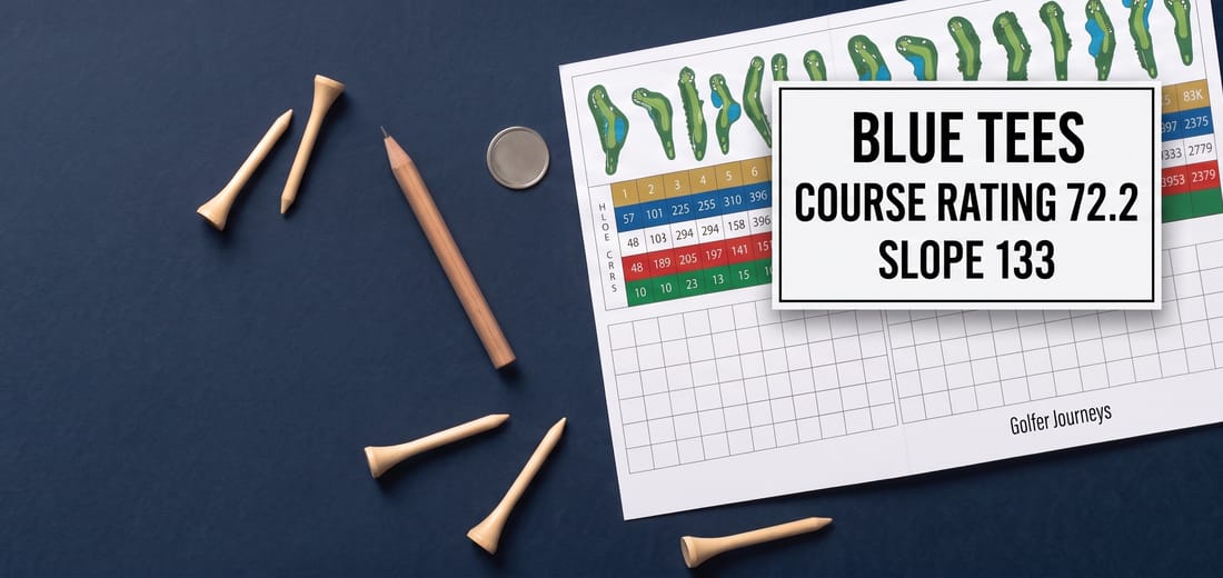 A golf course scorecard laid on a wooden table showing course rating and slope rating figures listed beneath each set of tees.