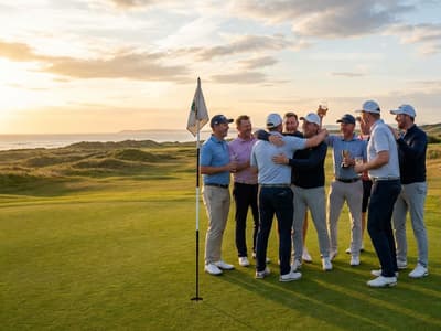 A group of eight golfers standing beside loaded carts on a clubhouse cart staging area early in the morning, bags tagged and coffee cups in hand, before the first round of a multi-day buddies trip.