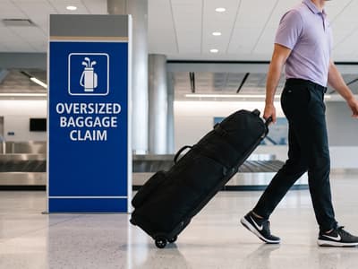 A hard-shell golf travel case standing upright beside a rolling suitcase at an airport check-in counter, with a baggage tag looped through the handle.
